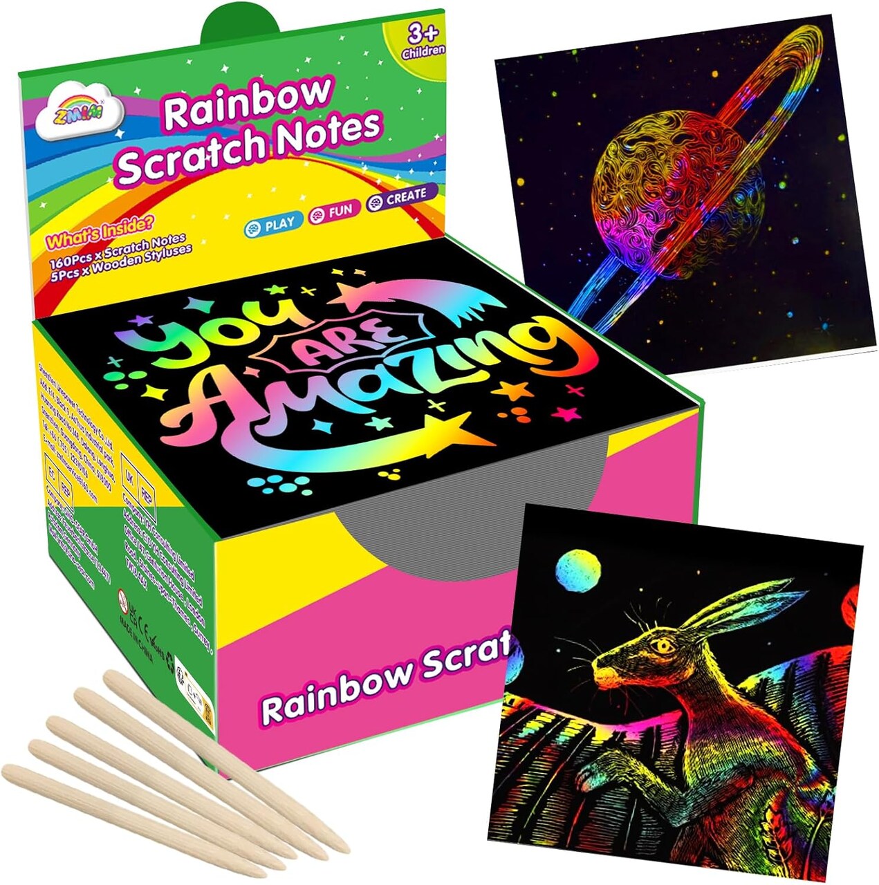 165 Rainbow Scratch Paper Mini Notes with Stylus – Kids Craft Art, Classroom Supplies, Stocking Stuffers, Birthday Party Favors for Boys & Girls Ages 4-10